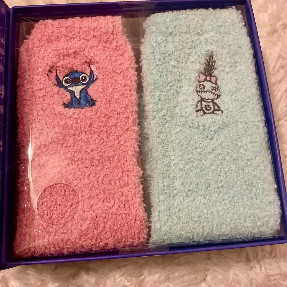 Disney Stitch Fuzzy Socks Gift Box Set Women's Pink Aqua‎